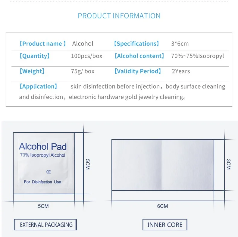 Alcohol pad, external pack size, and inner core size